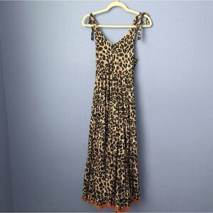Women's THML Leopard Maxi Dress Orange Trim Animal Print Sleeveless Tiered S